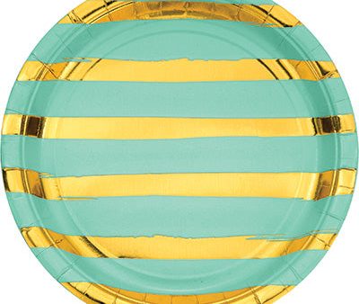 Mint Green and Gold Foil Striped Luncheon Plates 8 Count 9  Sale