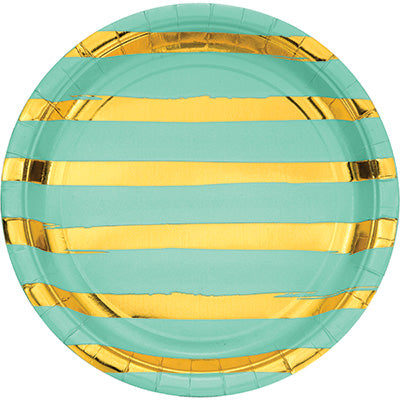 Mint Green and Gold Foil Striped Luncheon Plates 8 Count 9  Sale