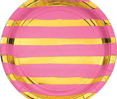 Pink and Gold Foil Striped Luncheon Plates 8 Count 9  Cheap