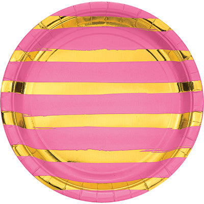 Pink and Gold Foil Striped Luncheon Plates 8 Count 9  Cheap