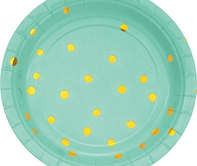 Mint Green and Gold Foil  Polka Dot Dessert Plates 8 Count For Cheap