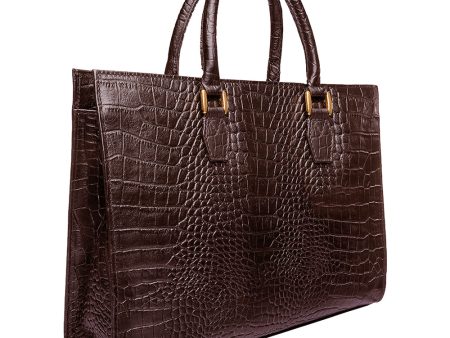 Hidesign Kester Leather Croc Embossed Briefcase Chocolate Brown Cheap